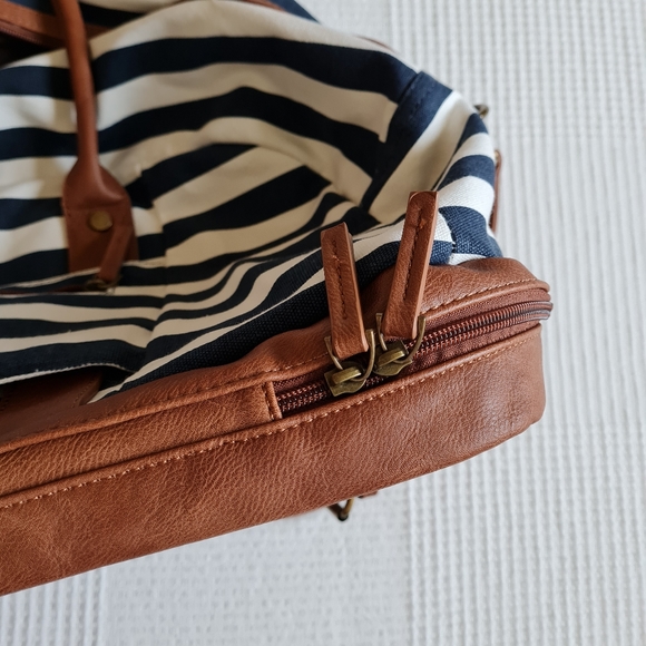 Canvas Weekender Travel Duffel Bag Shoe Compartment Navy Beige Boho Striped - Picture 9 of 16